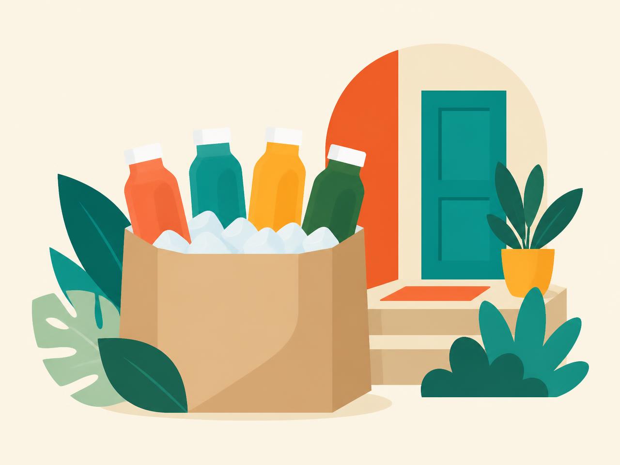 A delivery bag of fresh juice and smoothie bottles being picked up from a doorstep in morning light