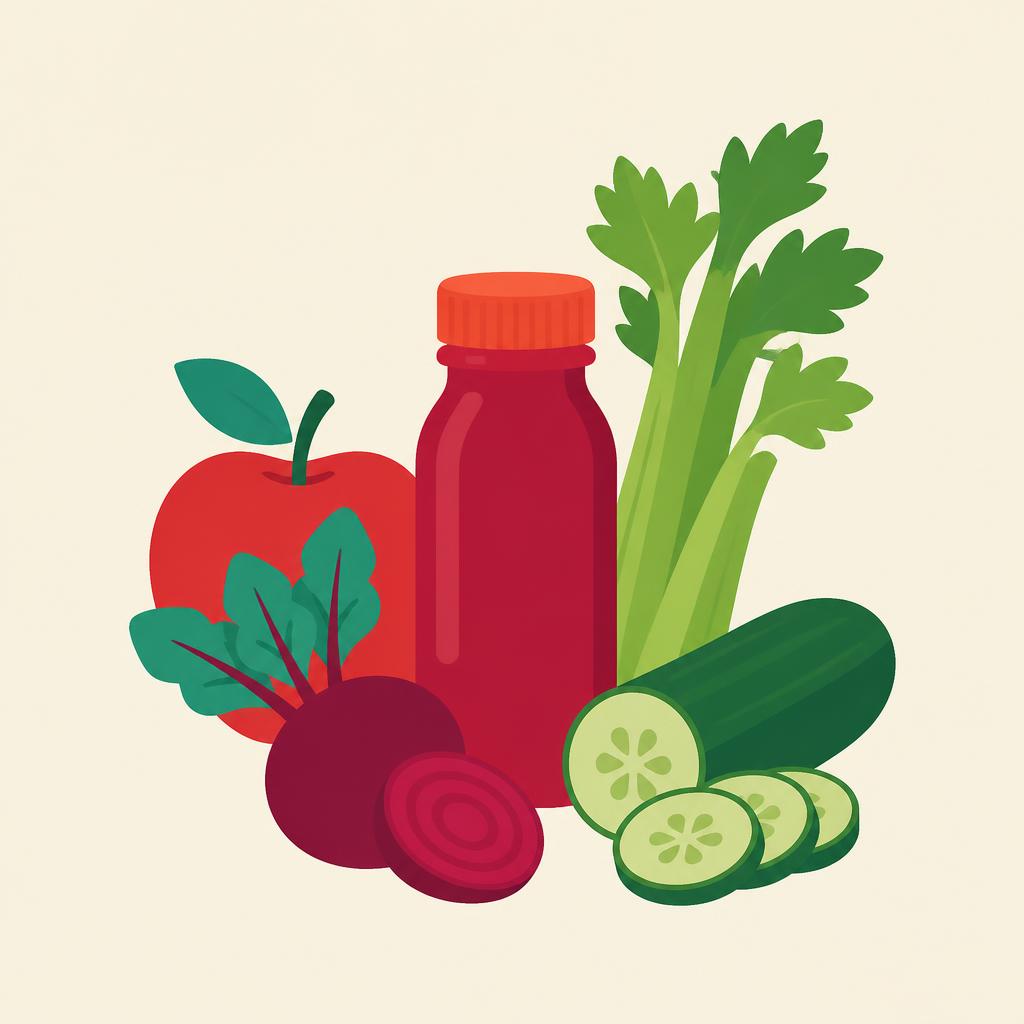 Fresh apple, beetroot and celery wellness shot with celery stalks