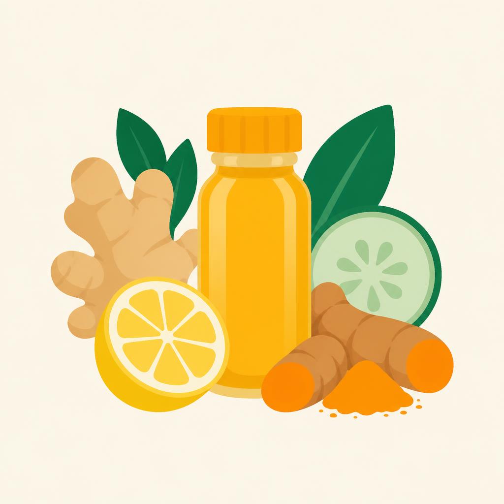 Golden ginger, lemon and turmeric wellness shot with honey dipper