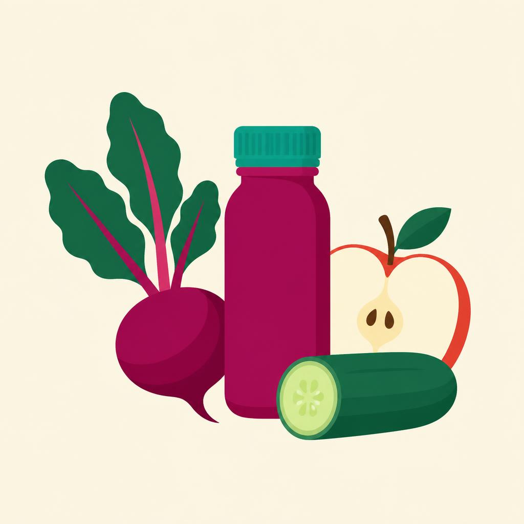 Deep ruby beetroot and apple wellness shot with fresh beetroot slices