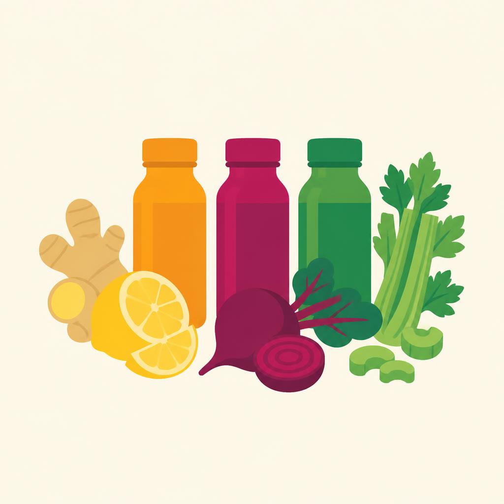 Three wellness shots — golden ginger, ruby beetroot and green celery — side by side