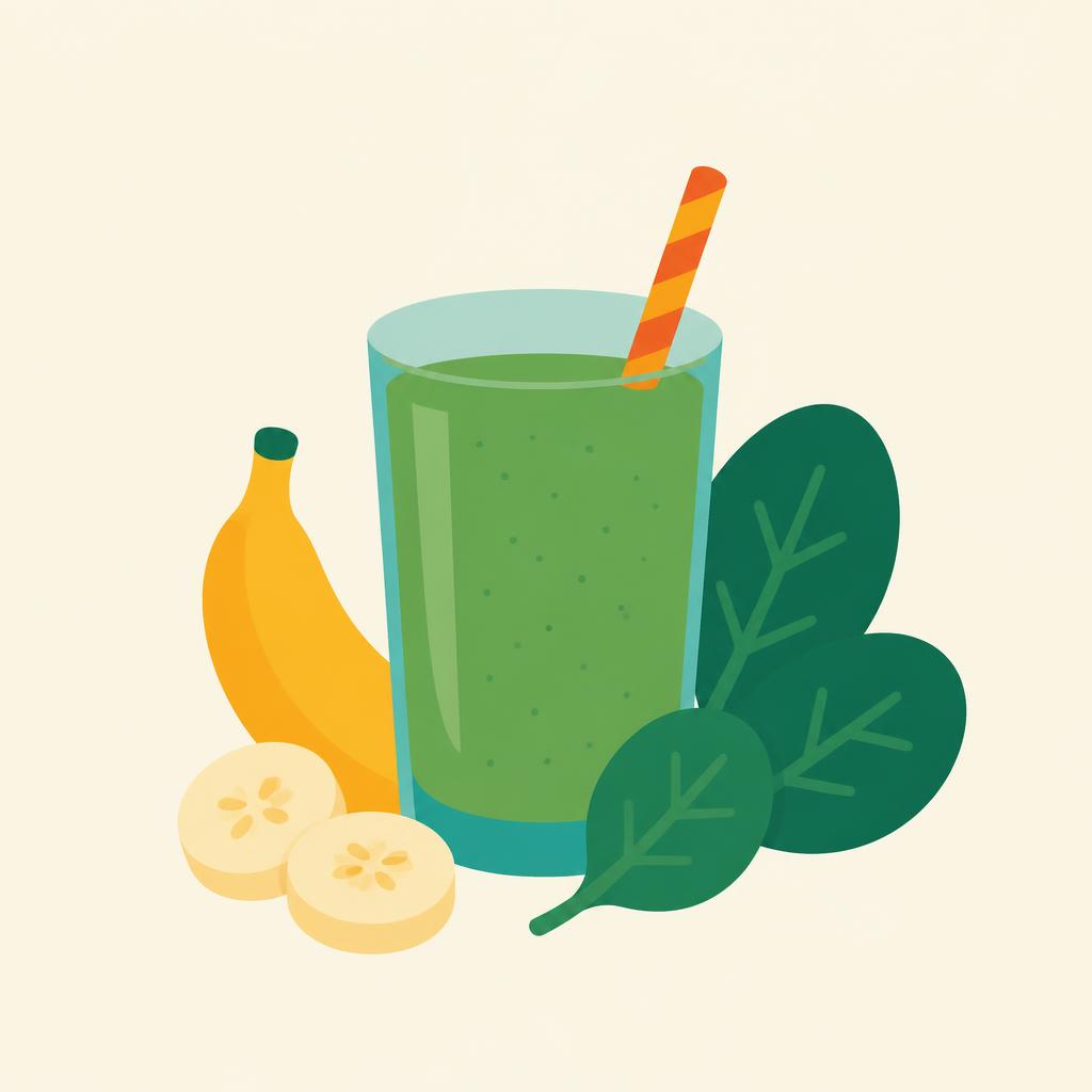 Green banana and spinach smoothie topped with yogurt, oats and chia seeds