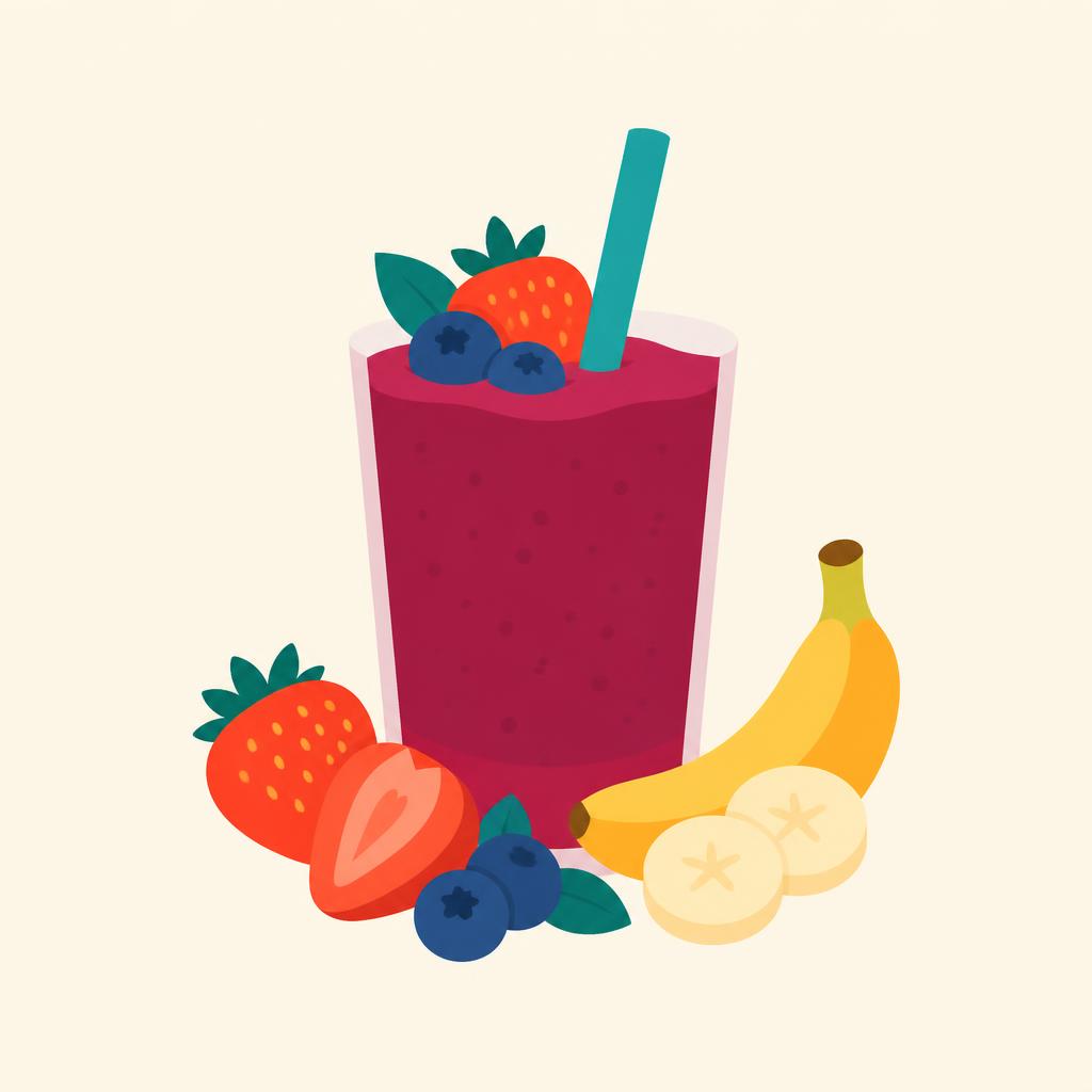 Magenta berry protein smoothie topped with strawberries, blueberries and dates